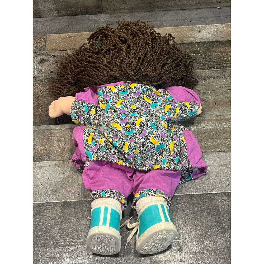 Vintage Cabbage Patch Kids Doll 90s Brown Yarn Hair Blue Eyes Purple Outfit